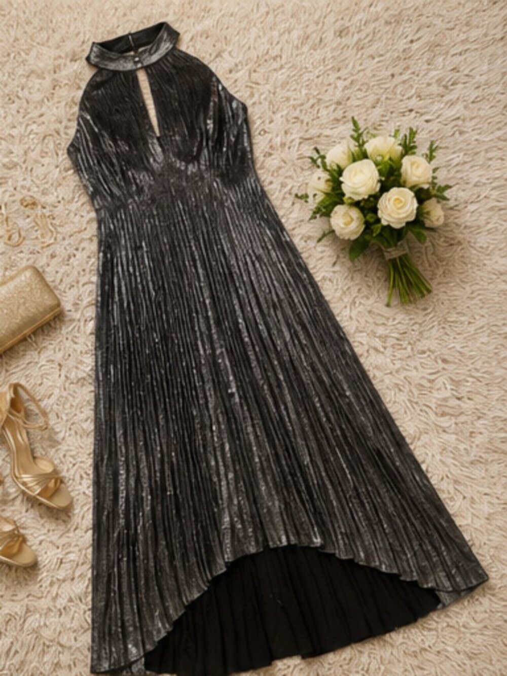 Adrianna Papell Grey Gunmetal Pleated Mock Neck Maxi Dress NWT Size 2 Formal